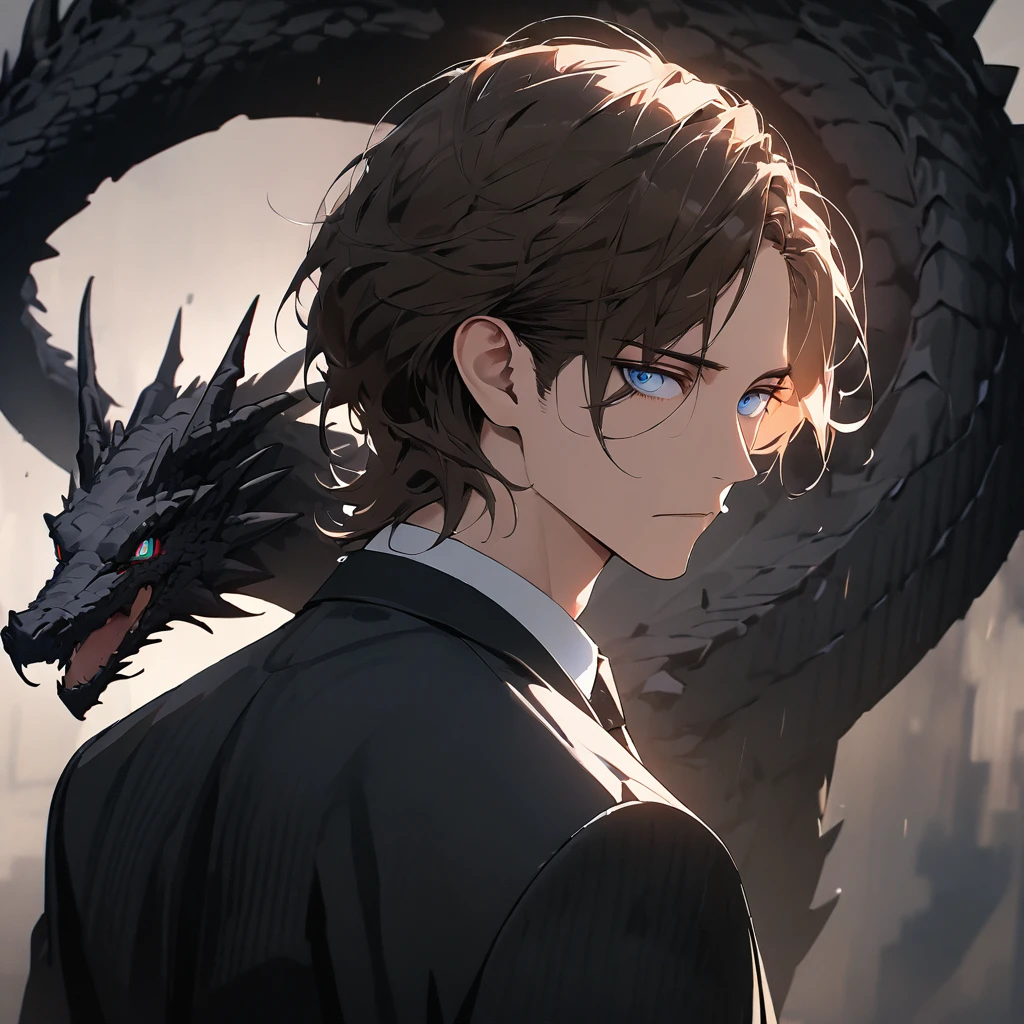 portrait. Half body.look back. A man in a suit has his back to the camera. Dark portrait. 8K quality., Raw Work, (brown hair),(blue eyes), (Black suit), (background: great black dragon)