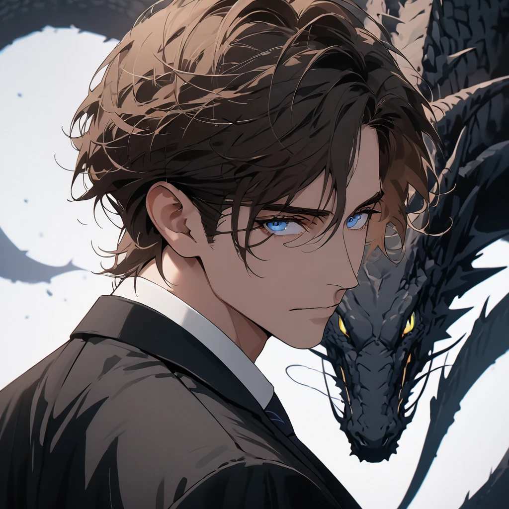 portrait. Half body.look back. A man in a suit has his back to the camera. Dark portrait. 8K quality., Raw Work, (brown hair),(blue eyes), (Black suit), (background: great black dragon)