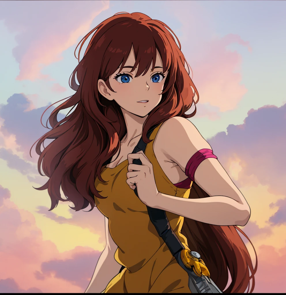 Anime girl with long red hair and blue eyes holding a gun - SeaArt AI