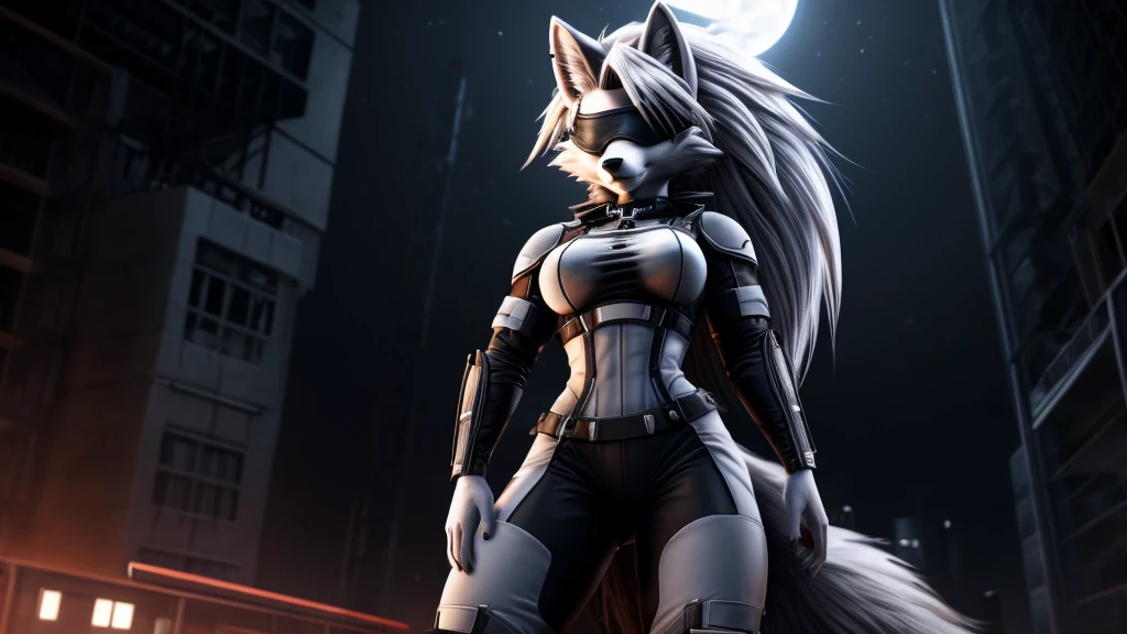 Loona from Helluva Boss, female white wolf, short white hair, blindfold, white combat military armor suit, adult, muscular, standing, dark lighting, extremely detailed, solo, beautiful, high quality, 4K
