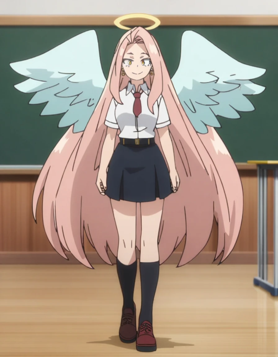 1girl, my hero academia screencap, boku no hero academia, pink hair, gold eyes, smiling, super long hair, cute, wearing white school shirt, red ribbon tie on shirt, in a classroom, cute gold earrings, bangs, , full body, large angel wings on back, halo, short black skirt, thigh high black socks