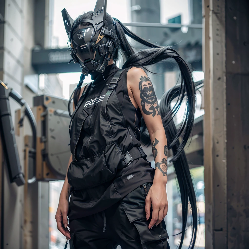 1girl, long blue twin tail hair, cyber helmet, black tank top, black cargo pants, mouth mask, covered mouth, Blur background, Tattooed, 8K, Hi-Res