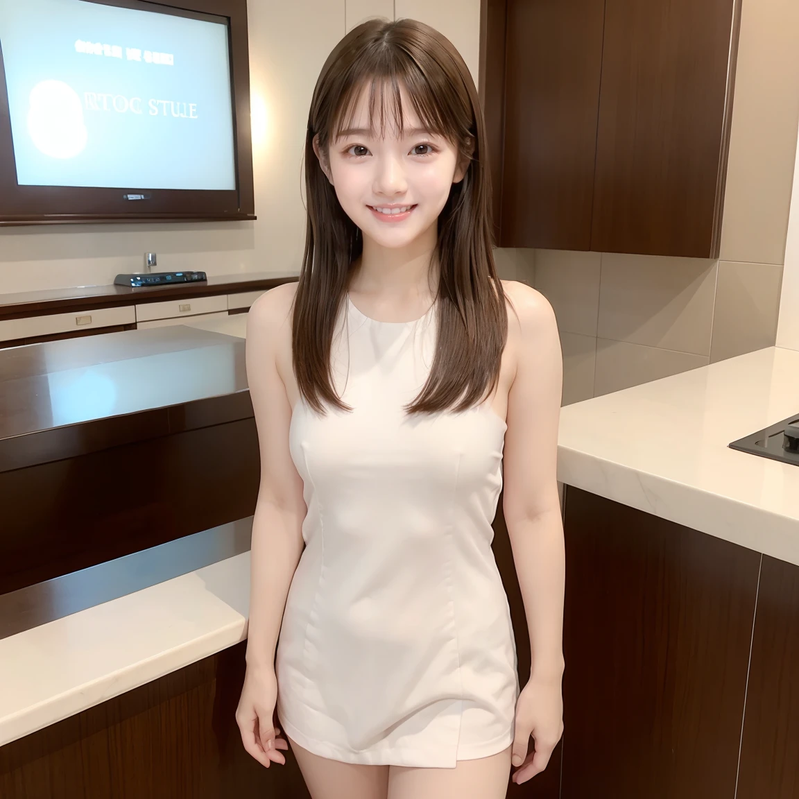 (((naked)))、(((standing)))、(((knee level shot)))、8K、smile、Highest quality, Realistic, Perfect Human Anatomy, Very detailed, Very delicate and beautiful, Raw photo, Professional Lighting, Illumination, Depth of written boundary, Single focus, 20 year old girl, Small Head, Baby Face, Beautiful Eyes, True Face, Realistic skin, Fine grain, ((Brown Hair))、(Medium Hair)), Absurd、Incredibly ridiculous resolution、very nice、smile、In front of the hotel check-in counter、Two Girls