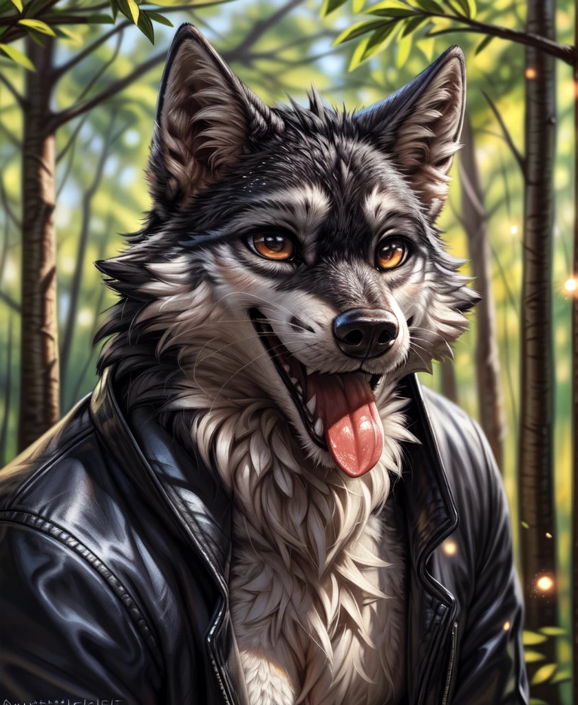 by kenket, by totesfleisch8, (by thebigslick, by silverfox5213:0.8), (by syuro:0.2), (by qupostuv35:1.2), depth of field, light particles,sharp focus,light particles,
Posing, Male, 30 years old, playful wink, mouth open with tongue hanging out, black leather jacket, anthro, wolf ears, (black fur:1.5), wolf, forest background, 8k, hi res, (best quality, masterpiece), (wolf tail:1.5), detailed fur