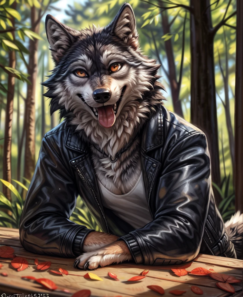 by kenket, by totesfleisch8, (by thebigslick, by silverfox5213:0.8), (by syuro:0.2), (by qupostuv35:1.2), depth of field, light particles,sharp focus,light particles, 
Posing, Male, 30 years old, playful wink, mouth open with tongue hanging out, black leather jacket, anthro, wolf ears, (black fur:1.5), wolf, forest background, 8k, hi res, (best quality, masterpiece), (wolf tail:1.5), detailed fur