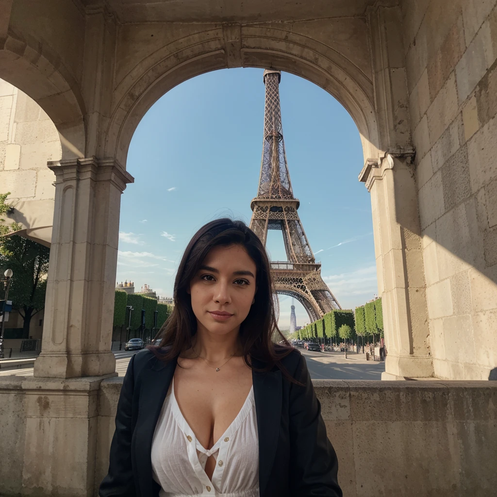 Susana Ferreira Abril is in front of the majestic Eiffel Tower in Paris, the city's icon stands imposingly under the clear blue sky. Susana Ferreira Abril is surrounded by elegant cafes and plane trees lining the street, creating a picturesque setting.