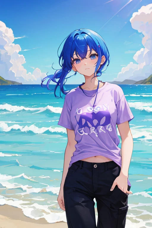 One with sea blue hair that goes to the floor with a short purple shirt and black pants on a beach