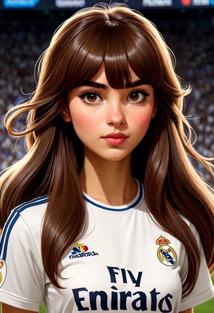 Cartoon girl with bangs and long brown hair wearing a Real Madrid T-shirt