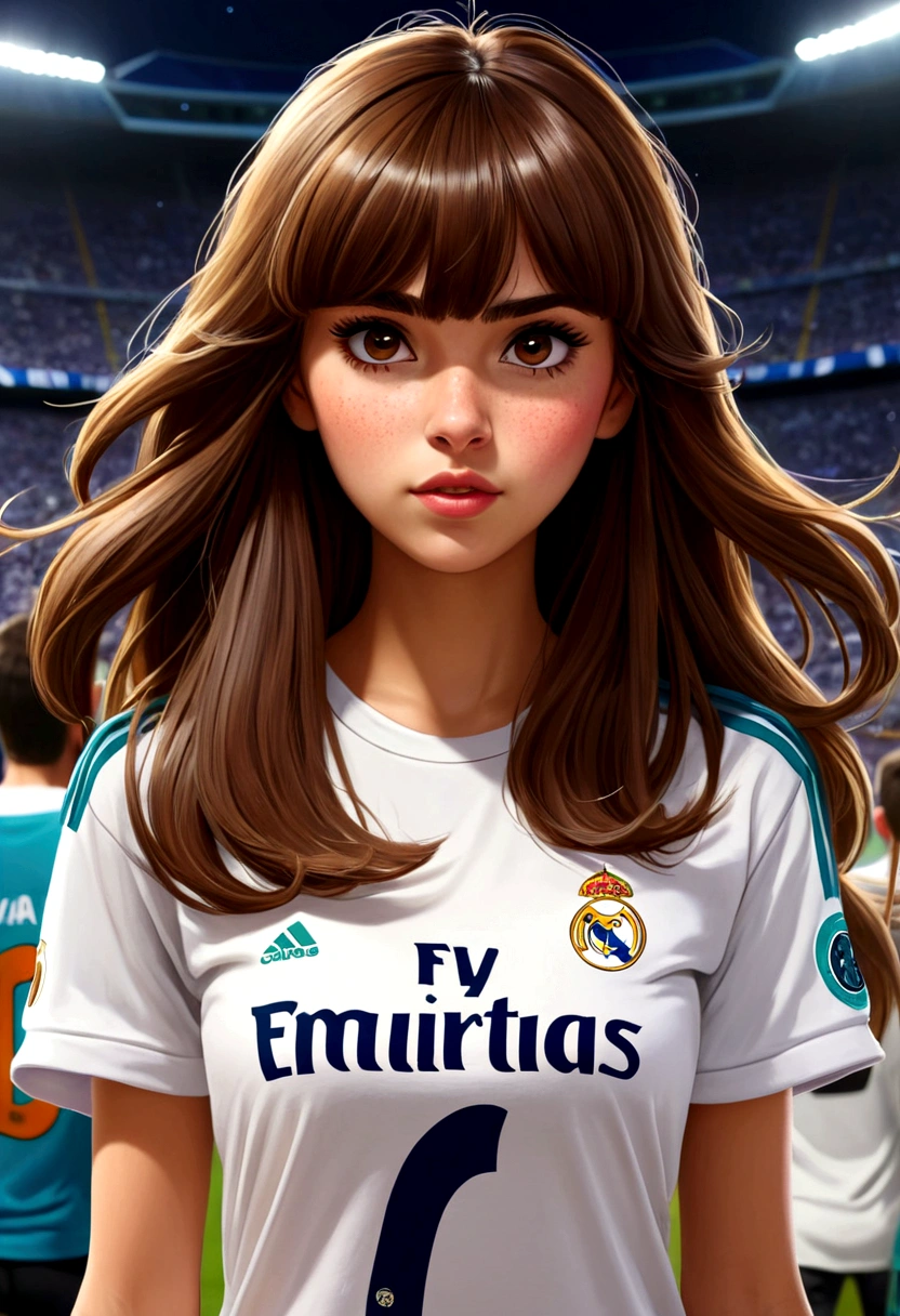 Cartoon girl with bangs and long brown hair wearing a Real Madrid T-shirt