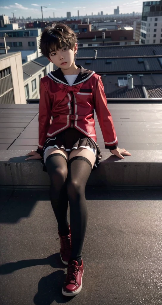 1 little boy，Shota，No makeup，Pink short hair，Male characteristics，Unique的，face to face audience，full-body shot，Red JK，miniskirt，Black pantyhose，Sailor Suit，Sitting，Unique ，roof，City background，Rooftop，Keep your legs together，8k，JK small leather shoes