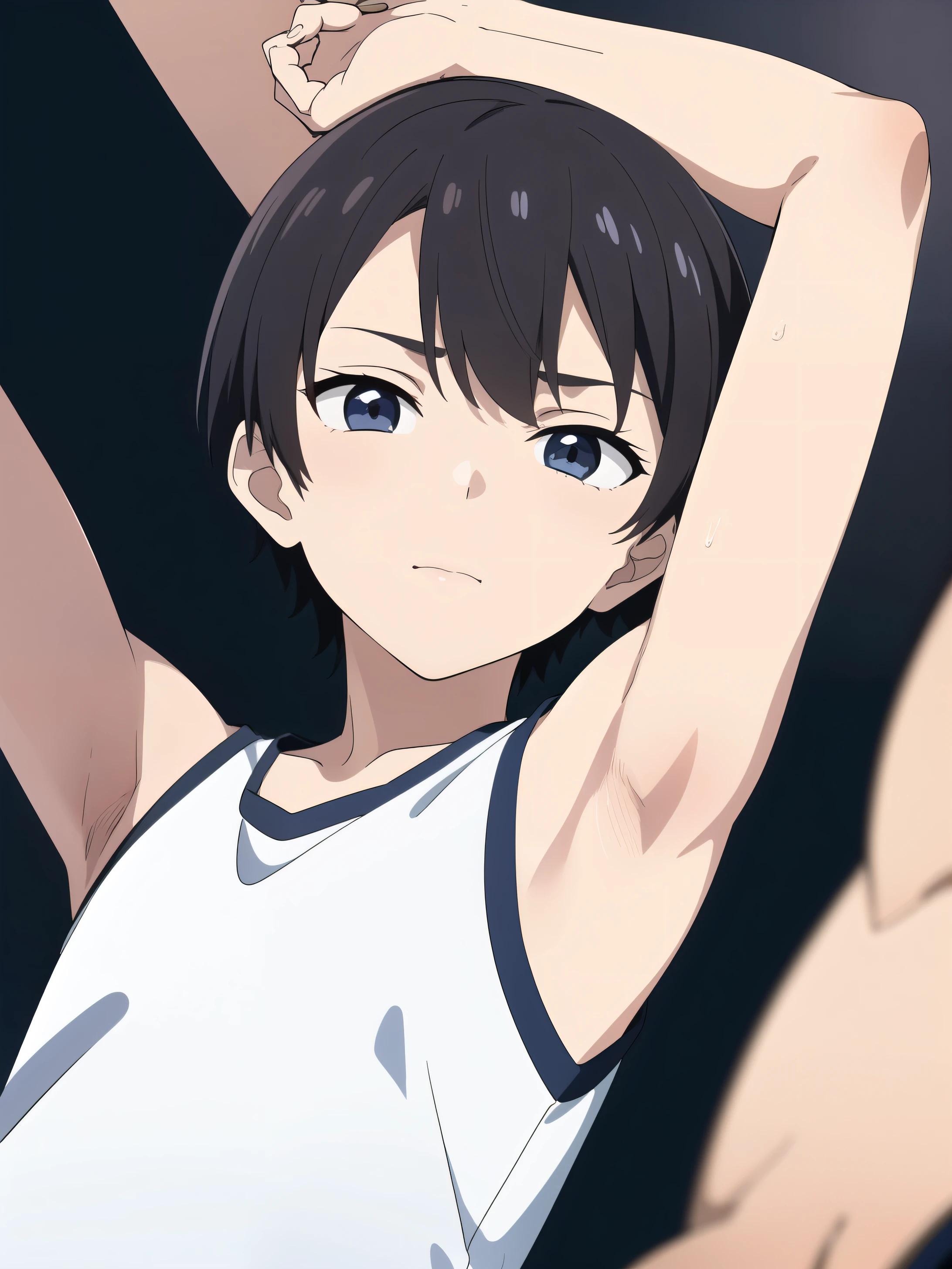 Highres, Masterpiece, Best quality at best,Best Quality,hight quality, hight detailed, Anime style, 1boy, Young boy, Shota, Side bangs, Seen from the front, look at viewer, (very young boy), (very small and short body), Age 12, Such a cute smooth armpit, The boy is very tempting, Cute armpit, sexy armpit, beautiful armpits, seductive armpits, showing armpit, zoom in to the armpit, Focus on the armpit, shine closer to the armpit, hansome boy, Uhd, 4k wallpaper