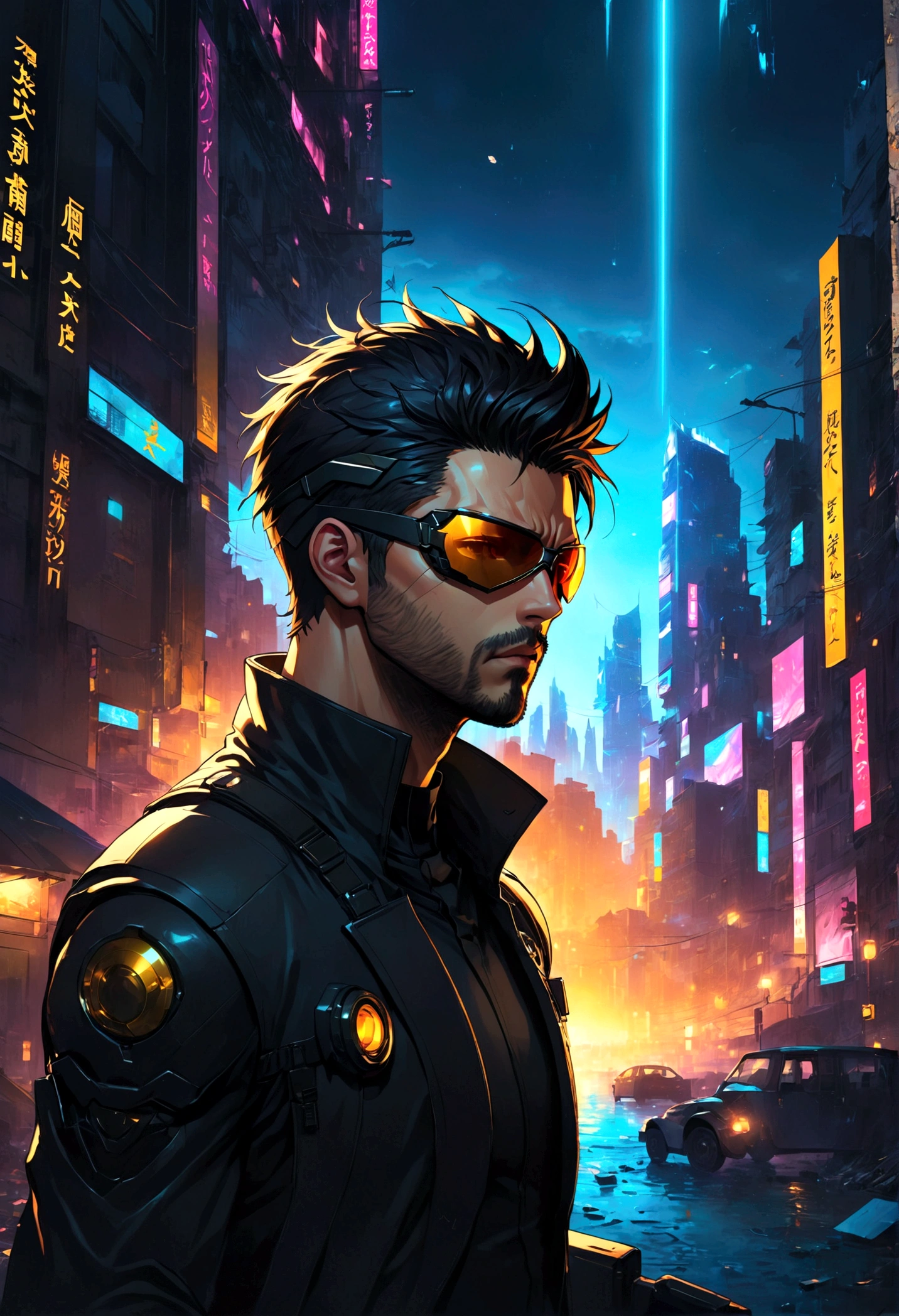 source_anime, 1boy, Adam Jensen, soldier, "Deus Ex", city, solo, male focus, blindfold, covered eyes, eye patch, eye mask, anime screenshot, source_anime, dramatic composition, cinematic dynamic action scene, vibrant colors, cinematic lighting, dramatic lighting, best quality, masterpiece, very aesthetic, perfect composition, intricate details, ultra-detailed