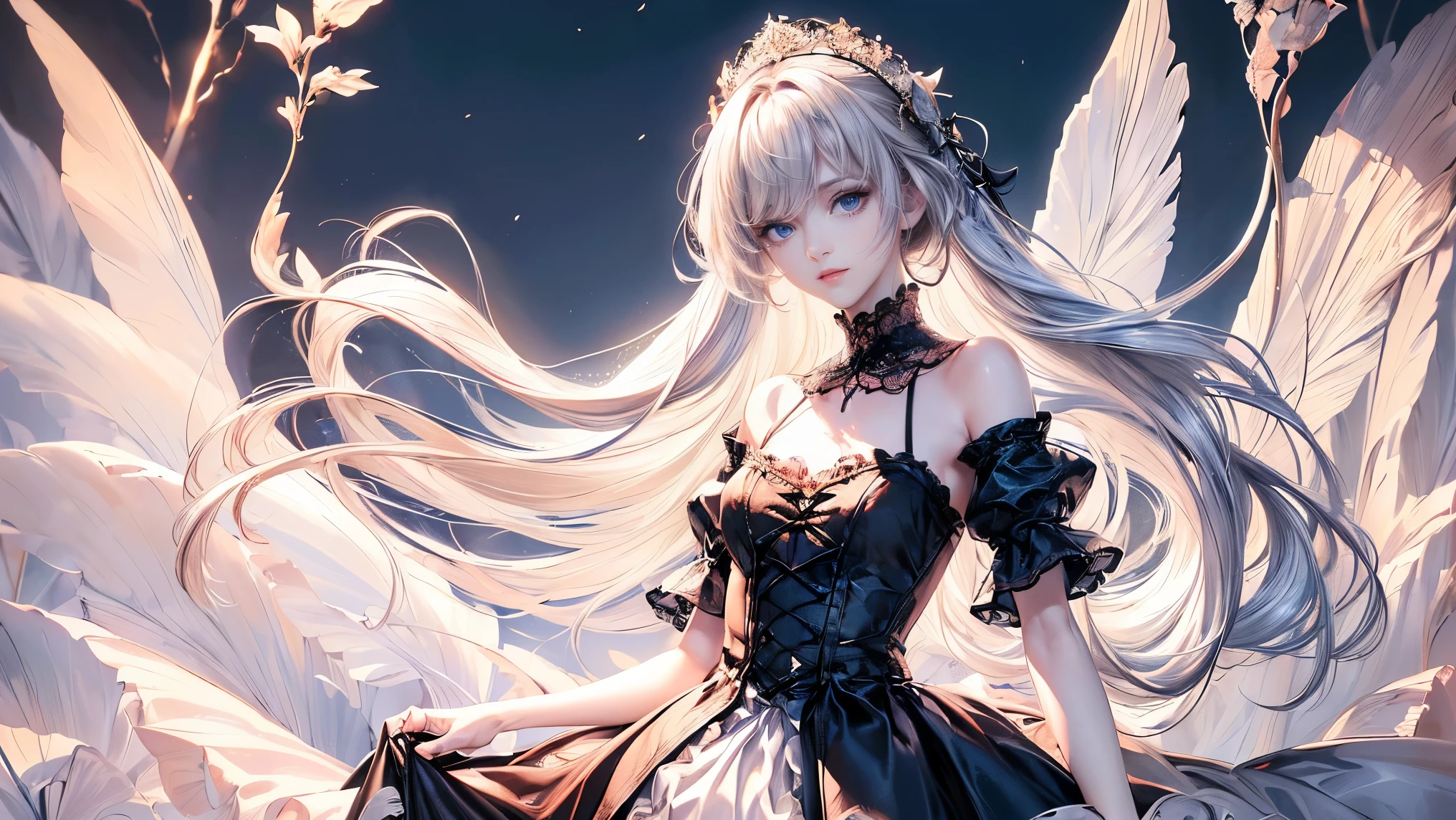 (((masterpiece))), (((highest quality))), (((Super detailed))), Fight dragons in the castle, Has a very large Gothic sword。, A very dark and eerie castle, Dark light of the moon, A woman wearing Gothic Lolita fashion, 14 years old, anatomy (beautiful grey eyes, very large slit eyes, delicate, , beautiful eyes, very length eyelashes, thin nose, small mouth, thin lips, thin body, slightly length neck, Shoulders are a little thin, length thin arms, length thin legs), Precise pose (Precise make-up facing forward (Unhealthy complexion, natural makeup, light brown eyeshadow, very light pink blush, A natural, very light pink lipstick), accurate skin (translucent white, perfectly smooth skin texture), Accurate hair (bright and beautiful silver hair, curl vertically, length, wind-swept hair), Dress accurately (Black dress with frills and lace that shows the shoulders), accurate lighting (very dark light, Diagonal lighting) Photographic equipment (Single-lens reflex camera, single focus lens), setting (f/1.8, S400, ISO100), accurate whole body, very realistic,