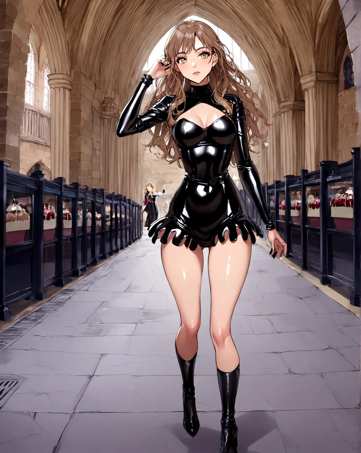 1 girl, Emma Watson as Hermione Granger, Hogwarts, black tight latex, shiny skin, (close-up:0.3)