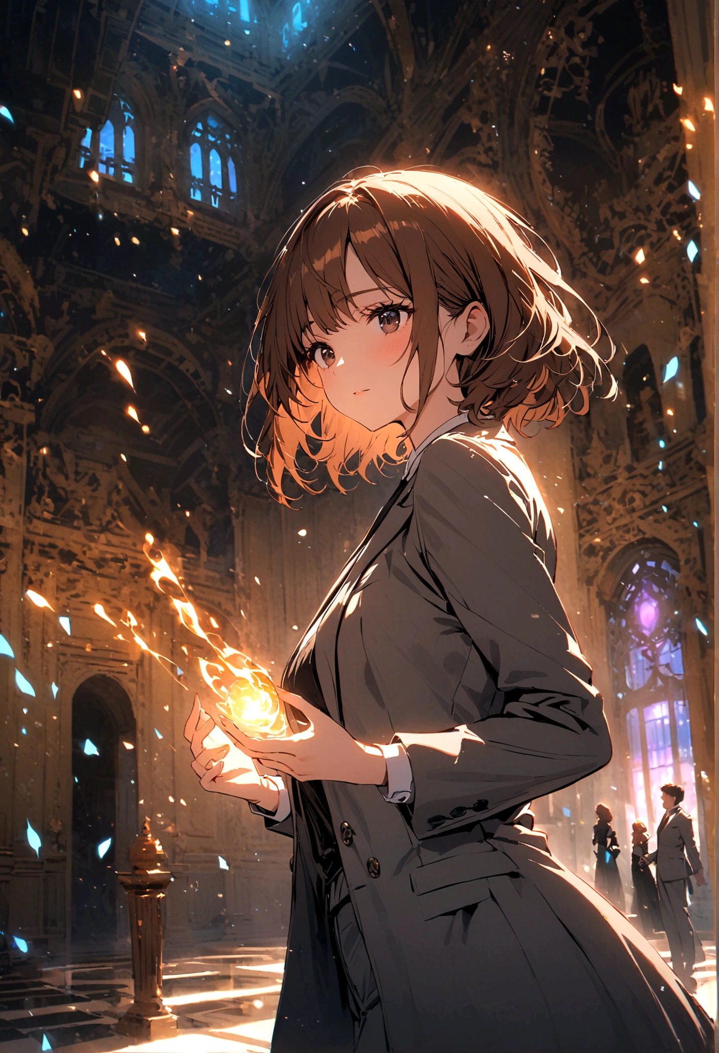 A woman with long brown hair, black eyes, and gray suit stands alone in the palace at night.