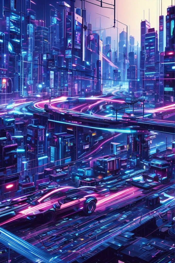 A cyberpunk car speeding around a curve、Speeding、Dynamic Movement、Sparks from the wheel、Cyberpunk City