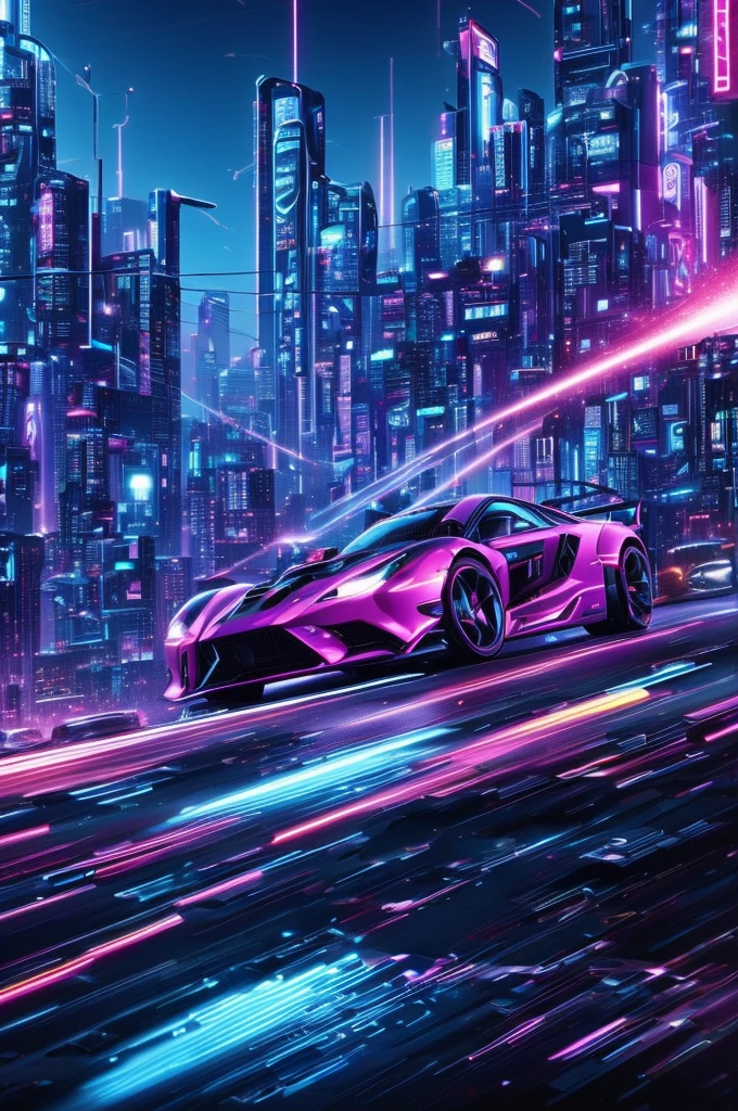 A cyberpunk car speeding around a curve、Speeding、Dynamic Movement、Sparks from the wheel、Cyberpunk City