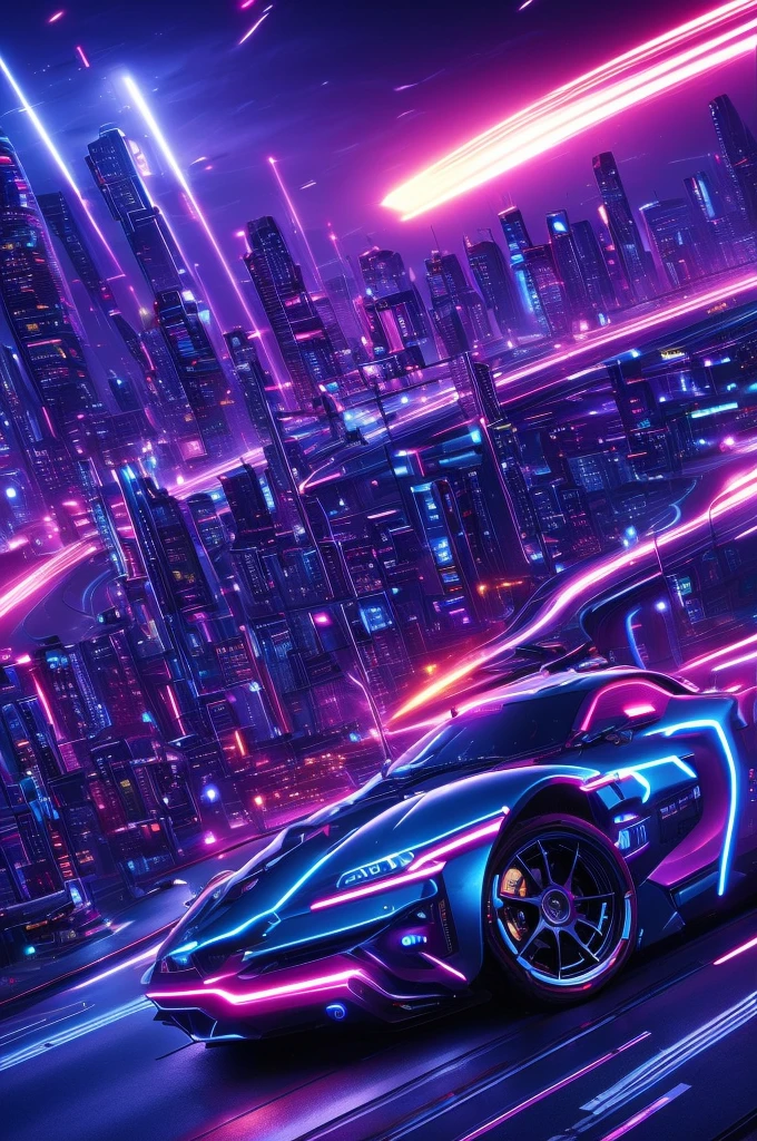 A cyberpunk car speeding around a curve、Speeding、Dynamic Movement、Sparks from the wheel、Cyberpunk City