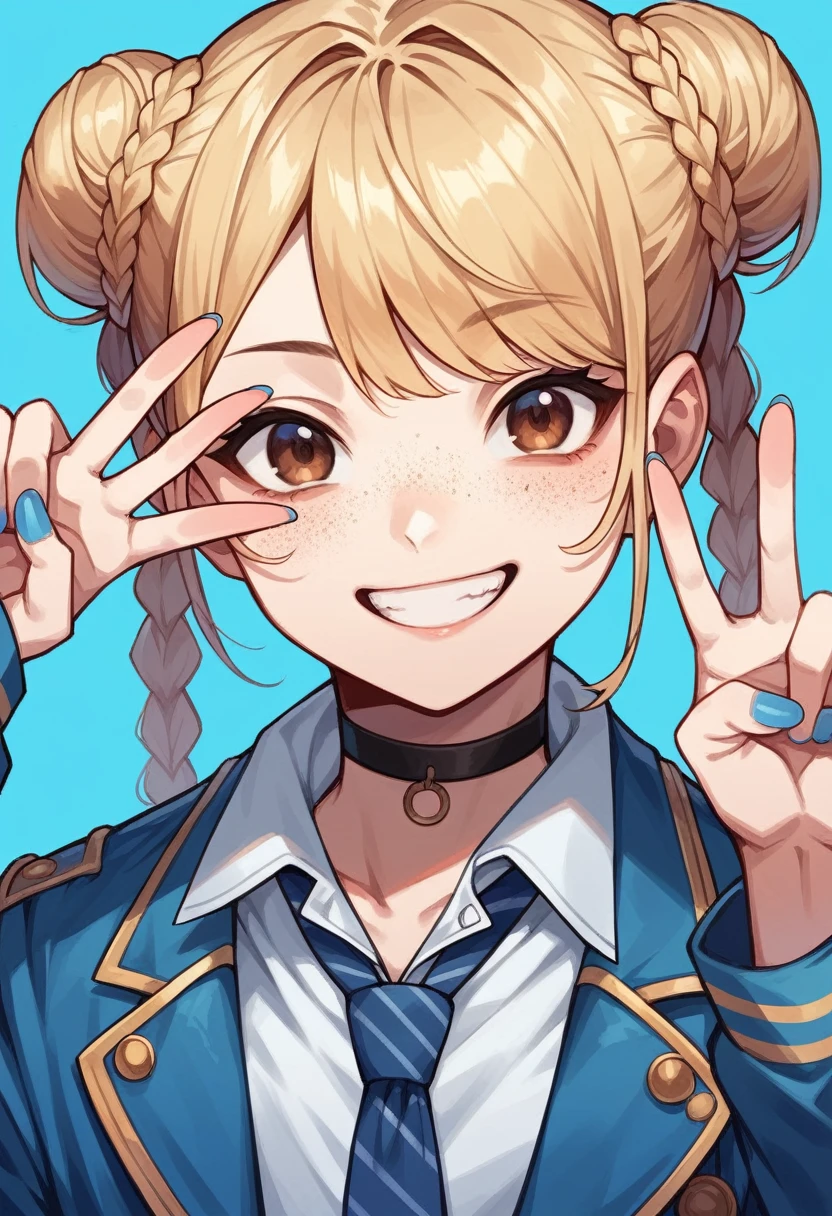 flat color, 1girl, solo, necktie, double bun, v, smile, jacket, choker, braid, hair bun, looking at viewer, shirt, simple background, upper body, blue background, nail polish, blue nails, collared shirt, brown eyes, bangs, blue necktie, black choker, white shirt, blue hair, freckles, grin, striped necktie, long sleeves, open jacket, blue jacket, twin braids, hand up,