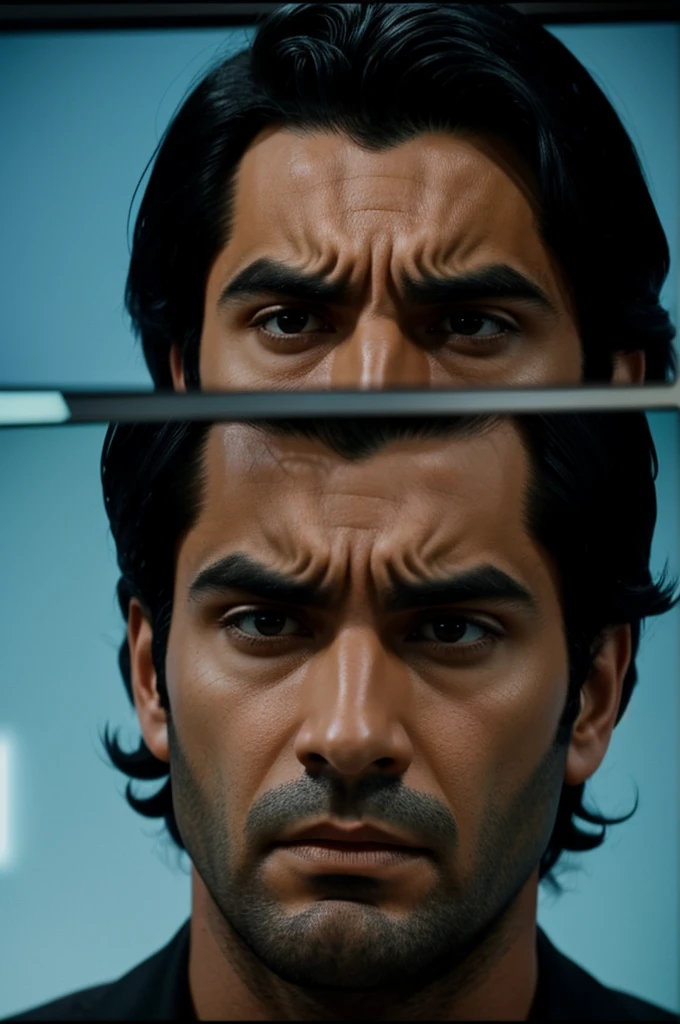 A projection, of a man with slick black hair, hard face, expressions serious, but hint of sad, projected from a TV screen, old TV 