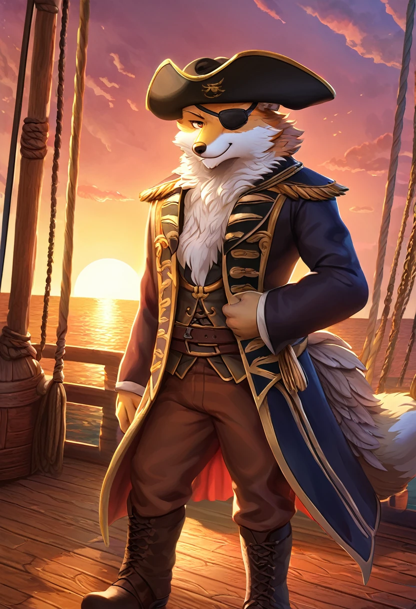 ((Masterpiece)), ((Best Quality)), (Very Detailed), ((Very Detailed)), 4K, (8K), very aesthetic, absurdres highres, 1male, anthropomorphic fox, furry, kemono, On the deck of a pirate ship at sunset, a fierce pirate captain with a decorated leather eyepatch stands resolute. The warm hues of the setting sun cast dramatic shadows on the weathered wood of the ship. The captain’s detailed attire includes a billowing coat and a tricorn hat adorned with feathers. The eyepatch is intricately designed with golden filigree, adding to the character's commanding presence
