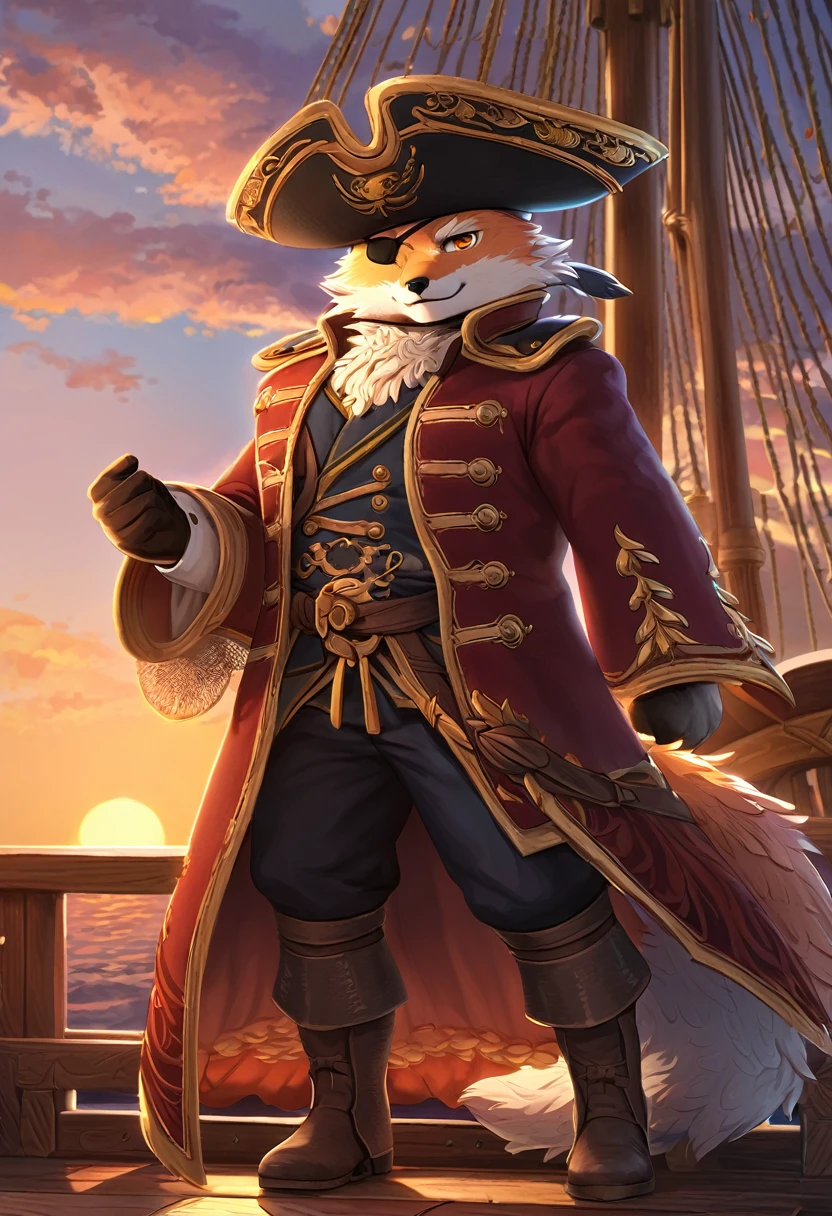 ((Masterpiece)), ((Best Quality)), (Very Detailed), ((Very Detailed)), 4K, (8K), very aesthetic, absurdres highres, 1male, anthropomorphic fox, furry, kemono, On the deck of a pirate ship at sunset, a fierce pirate captain with a decorated leather eyepatch stands resolute. The warm hues of the setting sun cast dramatic shadows on the weathered wood of the ship. The captain’s detailed attire includes a billowing coat and a tricorn hat adorned with feathers. The eyepatch is intricately designed with golden filigree, adding to the character's commanding presence