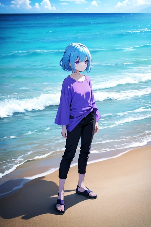 One with sea blue hair that goes to the floor with a short purple shirt and black pants on a beach