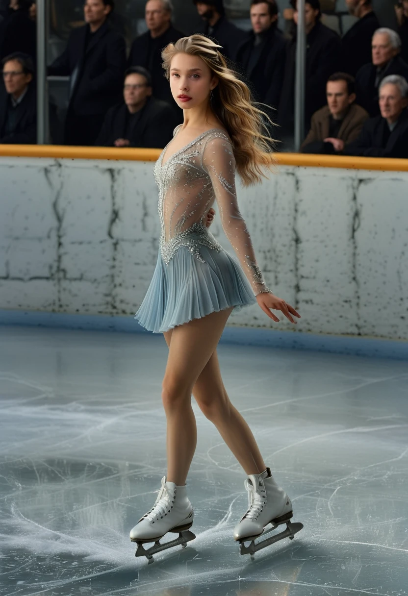 (masterpiece,best quality:1.2), high detailed,realistic,(masterpiece,best quality:1.2), high detailed,realistic,(midshot:1.2),1girl, bellissima, a graceful and sexy skater on an icy rink,by Annie Leibovitz