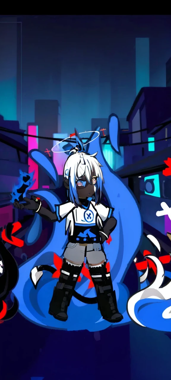 1girl, beautiful detailed eyes, beautiful detailed lips, extremely detailed face and eyes, white spiky hair in low ponytail, white t-shirt with white X and blue fire pattern, black t-shirt underneath, royal blue belt with black X pattern, short jeans with blue fire pattern at bottom, black boots with white chain and red X, white horn with blue flame on right side of the forehead, white halo with X front, back, and ends, (best quality, 4k, 8k, highres, masterpiece:1.2), ultra-detailed, (realistic, photorealistic, photo-realistic:1.37), concept art, intricate details, highly detailed, vivid colors, dramatic lighting