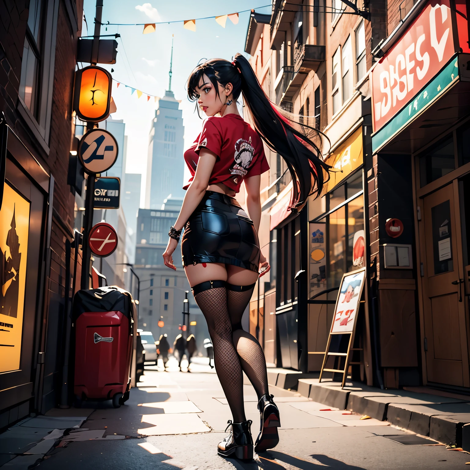 A front and back full body view of a female model in a punk-inspired outfit. The girl is depicted in a playful and vibrant manner, similar to the style shown in the reference image. She wears a Plaid skirt with a graphic tee, fishnet tights, and creepers. Her hair is styled in edgy punk manner, and she has a friendly and approachable expression. The front view shows her standing confidently, while the back view highlights the details of her outfit and hairstyle. The overall design is clean and colorful. Highly detailed, 8k, smooth, sharp focus, trending on artstation, digital painting, by Stanley Artgerm Lau, WLOP, Rossdraws, James Jean, Andrei Riabovitchev, Marc Simonetti, and Sakimichan, 