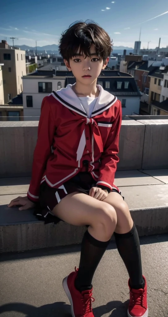 1 little boy，Shota，No makeup，short hair，Cover your skirt with your hands，Male characteristics，Unique的，face to face audience，full-body shot，Red JK，miniskirt，Black pantyhose，Sailor Suit，Sitting，Unique ，roof，City background，Rooftop，Keep your legs together，8k，Princess shoes