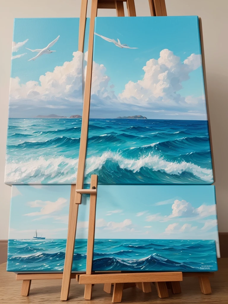 Create a sea-themed piece of art on a small-sized canvas on an easel 