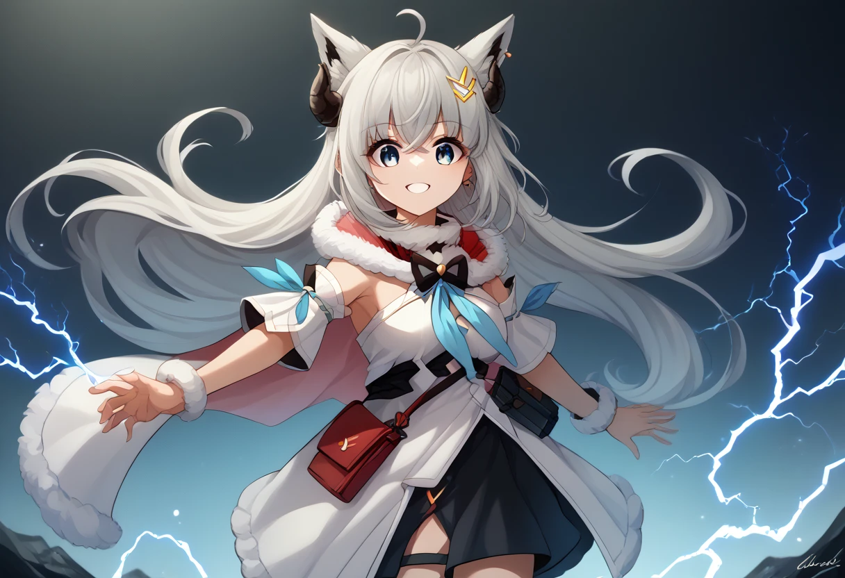 score_9, score_8_superior, score_7_superior, sauce_anime, IncrsSSBUVS, electricity, BREAK Fubuki_base, White blouse, Removable sleeves, Black shorts, Blue neckerchief, Gray Hair, One-sided knitting, Ahoge, Earrings, Fox&#39;s Tail,
BREAKワタメbase, Very long hair, Ahoge, Hair Clip, fur-trimmed dress, Short dress, Red bow tie, Removable sleeves, Pouch, fur-trimmed cape, Pink Cape, Happy,