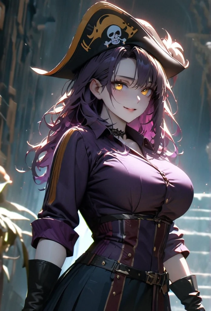 (solo), purple hair, messy hair, mane hair, medium hair, dense hair, wild hair, expressive hair, mature,(25 year old), pale skin, yellow eyes, ((Female)), beatiful girl, wearing a purple pirates outfit, captin pirate hat, blue skirt, rolled up sleeves, beautiful, attractive, large breast, and round and big ass, smiling, Holding a flintlock, eye reflection, depth of field, thunder aura, cinematic lighting, ray tracing, depth of field, cinematic lighting, ray tracing, UHD, high details, best quality, highres, high quality, award winning, super detail, masterpiece, 8k, UHD, high details, best quality, highres, high quality, award winning, super detail, masterpiece, 8k, digital art, anime coloring, body shot, good face, perfect face, detailed face, good eyes. A sea and island background