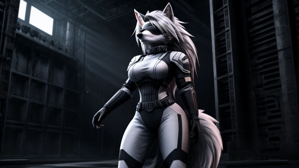 Loona from Helluva Boss, female white wolf, short white hair, blindfold, white military combat armor suit, adult, muscular, standing, dark lighting, extremely detailed, solo, beautiful, high quality, 4K
