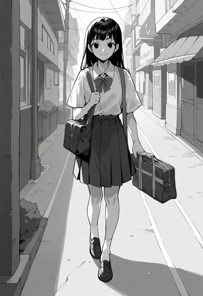 masterpiece, best quality 1girl, grayscale, style: manga, black eyes, street, iced, black hair, schoolbag, smile, lineart, white background
