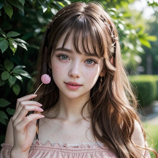 (Masterpiece: 1,2), (photorealistic: 1,2), (best quality), ((realistic: 1.3)), (detailed skin: 1.3), (intricate details), ONE GIRL with a young and cute appearance, a gentle smile and a cheerful expression, pale skin, freckles on the skin, LONG and wavy dark-brown hair, bangs on the forehead, green eyes, large eyelashes, pink fleshy lips, pink cheeks, pink blouse, cute earrings, hair clips, feminine body, her delicate hands holding a lollipop. the scenery is a flowery garden, the sunlight reflects on her