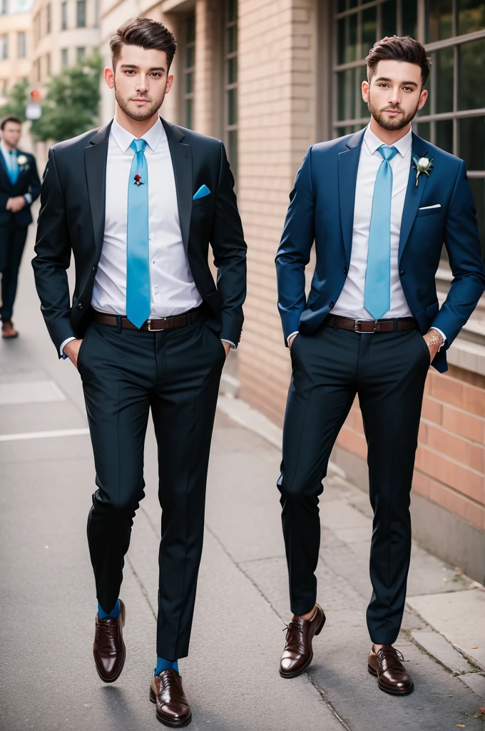 Groomsman wedding black pants, blusa branca,  blue tie and brown sneakers 