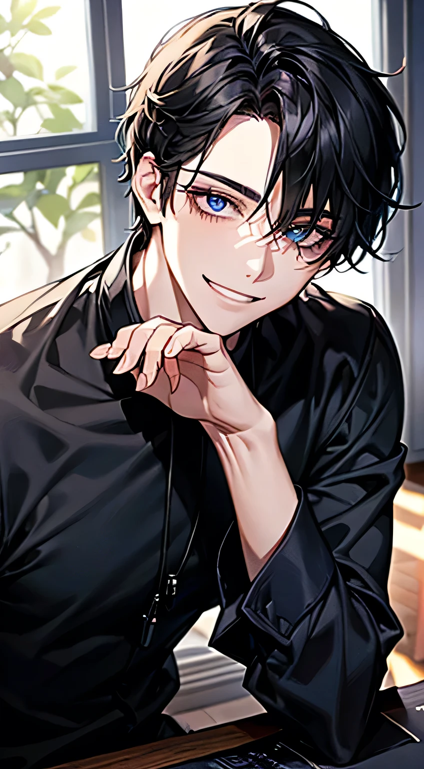 Men's,short detailed hair,black colored hair,(Eye 1:2,Clear eyes,Elaborate Eyes,Delicate pupils,Good eyes,eye detailed),Face Focus,Adult,In black clothes,best qualtiy,facial detailing,Classroom,sit on desk,sitting in the couch,lazy,Detailed background,diffuse sunlight,depth of fields,Studying Smiling at your desk , (((blue eyes))) , ((tricky glance)) , ((A Mysterious Look)), (((closed mouth))), ((grin)), the villain, ((good anatomy))