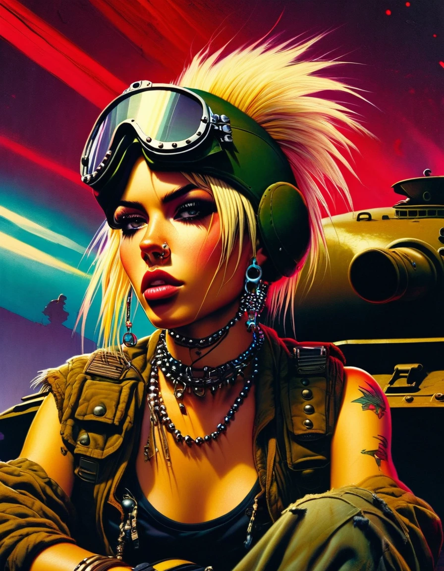 tank girl character, punk, blonde, with piercings, wearing military helmet, sitting on a tank, (best quality, 4k, 8k, high resolution, masterpiece: 1.2), ultra detailed, (realistic, photorealistic, photorealistic: 1.37) , oil painting, art inspired by Skottie Young and Bill Sienkiewicz, detailed facial features, piercings, punk, brave military aesthetic, worn and rugged appearance, dramatic lighting, cinematic composition, vibrant colors, moody atmosphere.