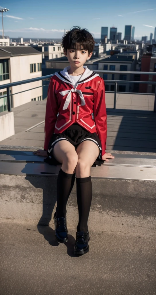 1 little boy，Shota，No makeup，short hair，Cover your skirt with your hands，Male characteristics，Unique的，face to face audience，full-body shot，Red JK，miniskirt，Black pantyhose，Sailor Suit，Sitting，Unique ，roof，City background，Rooftop，Keep your legs together，8k，Princess shoes