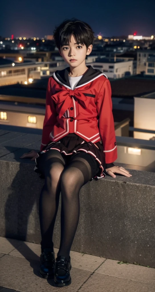 1 little boy，Shota，No makeup，short hair，Cover your skirt with your hands，Male characteristics，Unique的，face to face audience，full-body shot，Red JK，miniskirt，Black pantyhose，Sailor Suit，Sitting，Unique ，roof，City background，Rooftop，Keep your legs together，8k，Princess shoes