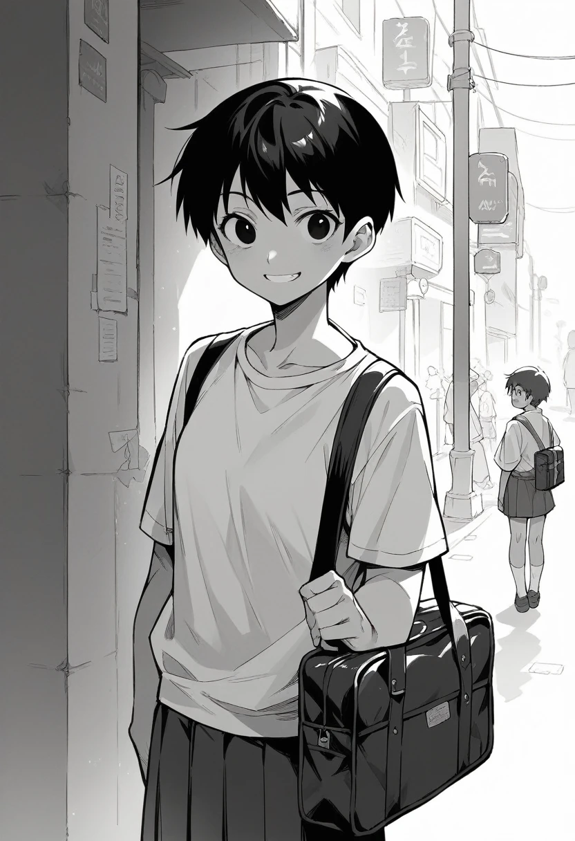 masterpiece, best quality 1girl, gweda, newest, mid, grayscale, style: manga, black eyes, street, iced, black hair, schoolbag, smile, lineart, white background