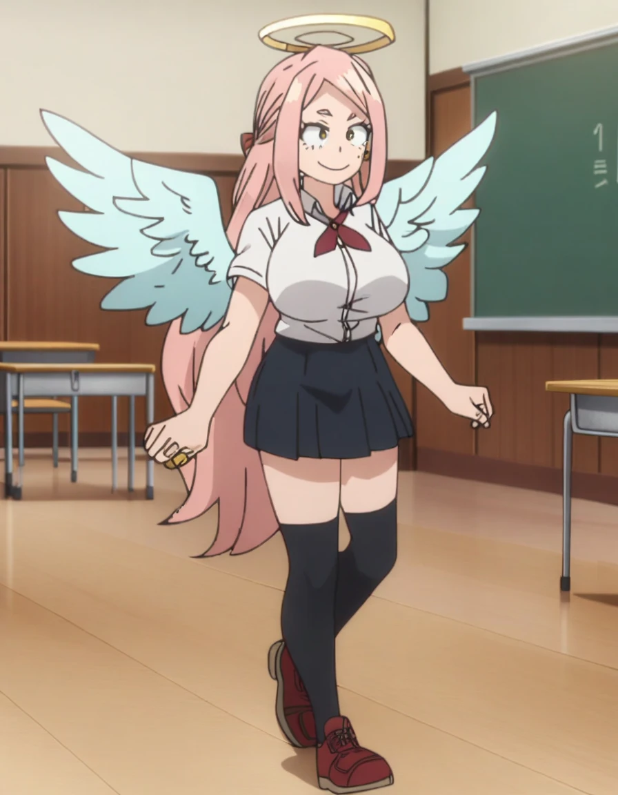 1girl, my hero academia screencap, boku no hero academia, pink hair, gold eyes, smiling, super long hair, cute, wearing white school shirt, red ribbon tie on shirt, in a classroom, cute gold earrings, bangs, , full body, large angel wings on back, halo, short black skirt, thigh high black socks, big boobs
