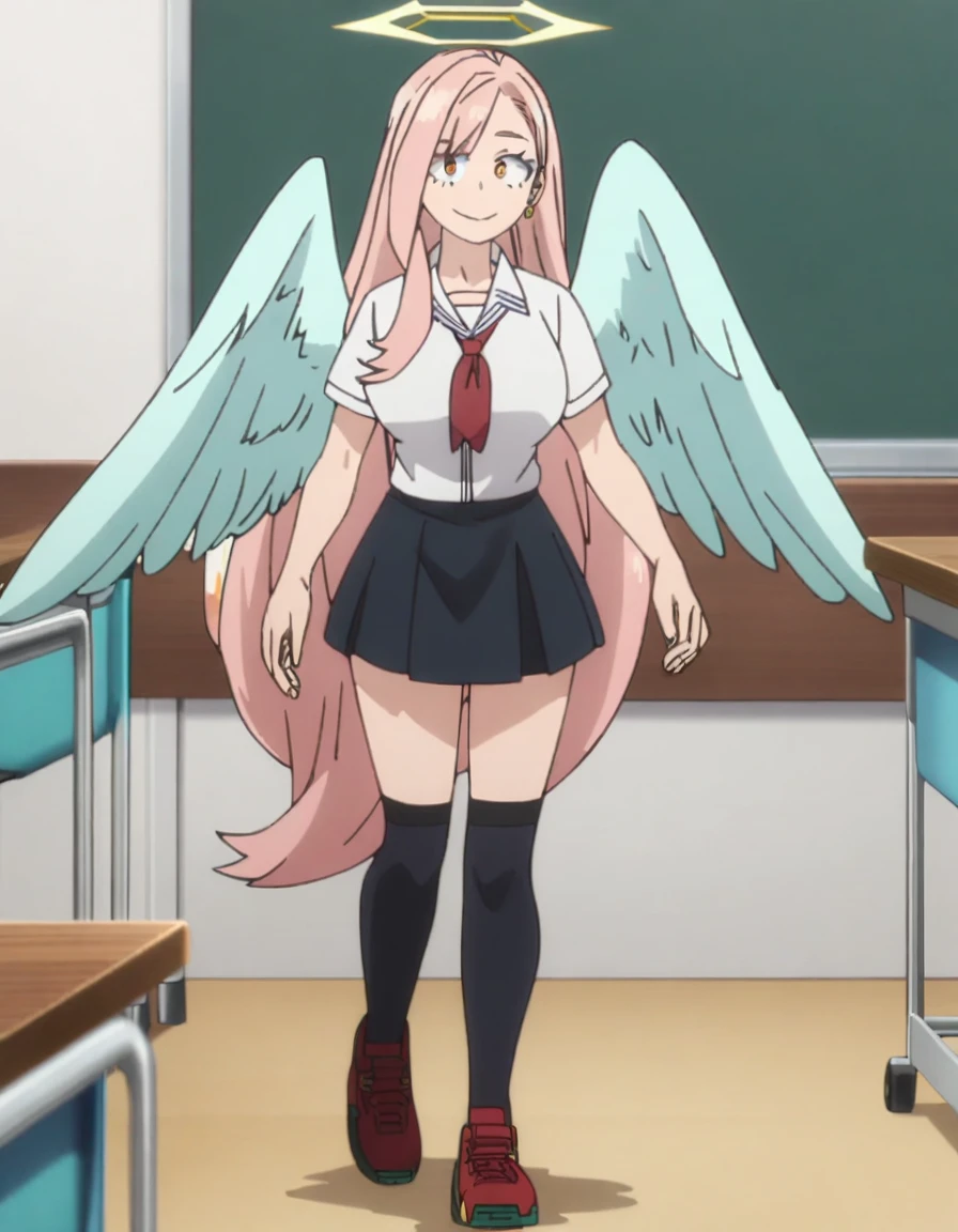 1girl, my hero academia screencap, boku no hero academia, pink hair, gold eyes, smiling, super long hair, cute, wearing white school shirt, red ribbon tie on shirt, in a classroom, cute gold earrings, bangs, , full body, large angel wings on back, halo, short black skirt, thigh high black socks, big boobs