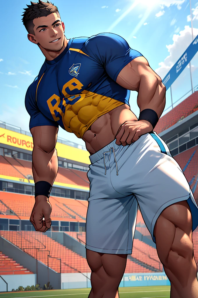 Draw a full-fledged athlete,Stand on the central field of the gym,He wears high-end sportswear,The man looks confident and determined,rays of sunshine,cheerful big breasts,Handsome,Crew cut,full bodyesbian,shooting from below,tight shorts showing a large bulge in his crotch