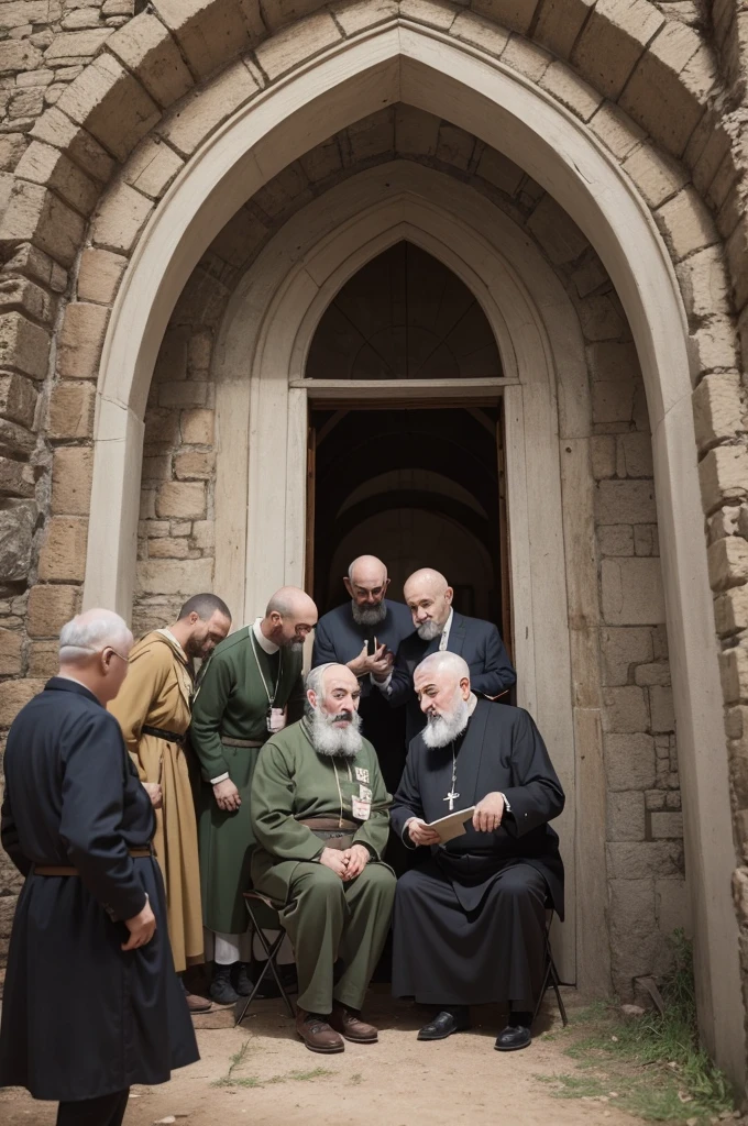 An image with several Saint Padre Pio inviting people to enter a camp