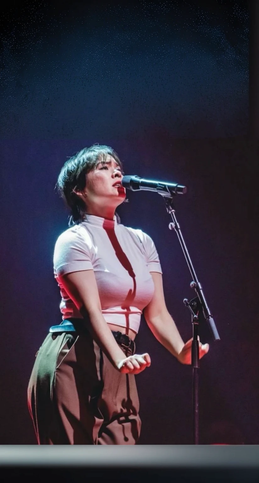 Dark background with cold blueish light falling onto the woman; dark brown pants and microphone
