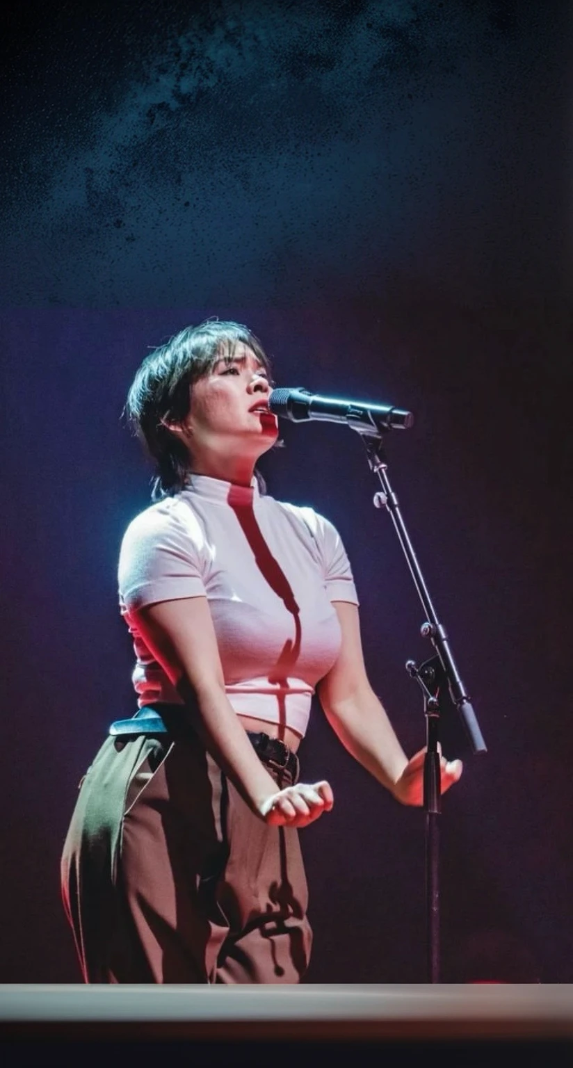 Dark background with cold blueish light falling onto the woman; dark brown pants and microphone