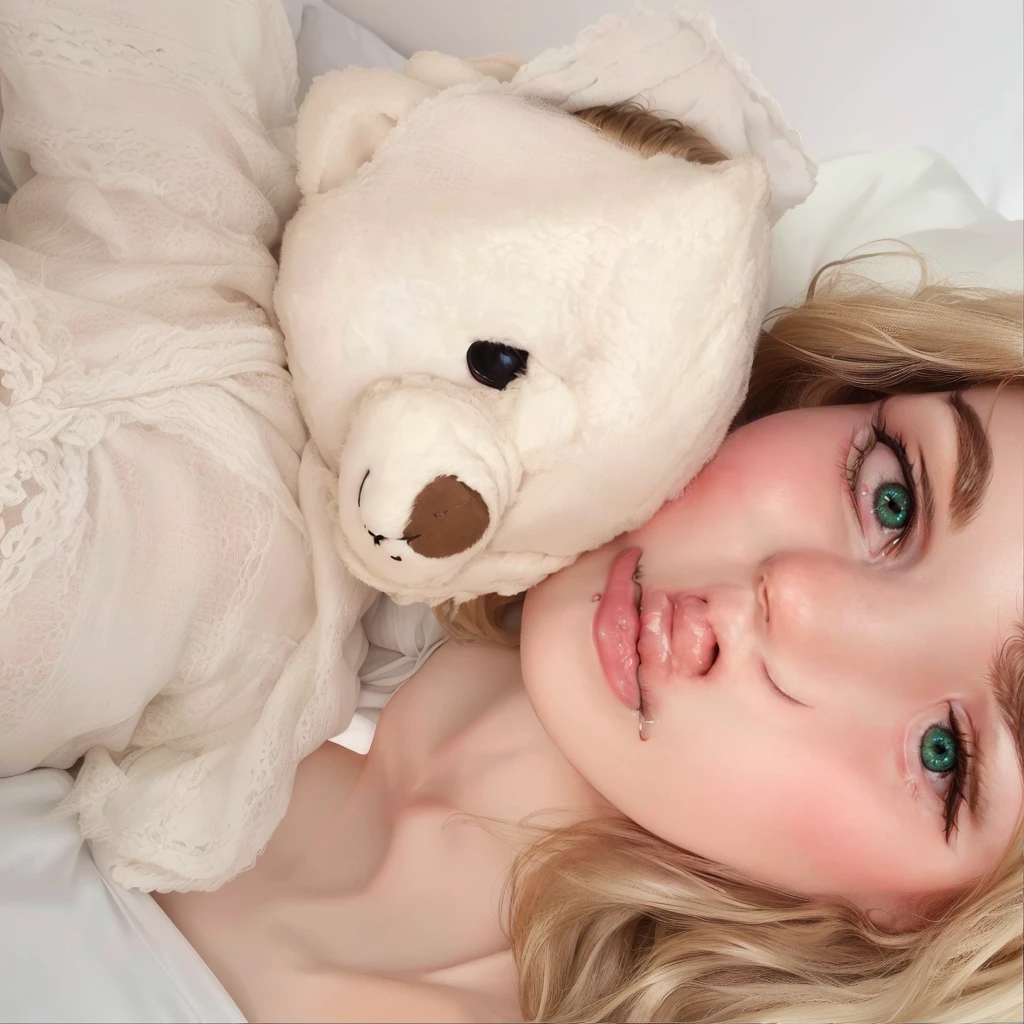 blond woman laying in bed with a oso de peluche on her head, Sidney Sweeney, holding a oso de peluche, laying oso de peluche, oso de peluche, 🤬 🤮 💕 🎀, retrato suave 8 k, retrato de kim petras, lindos y tiernos, en mi cama, 😭 🤮 💕 🎀, ojos lindos y amigables, cara suave, pale skin, suave e impecable